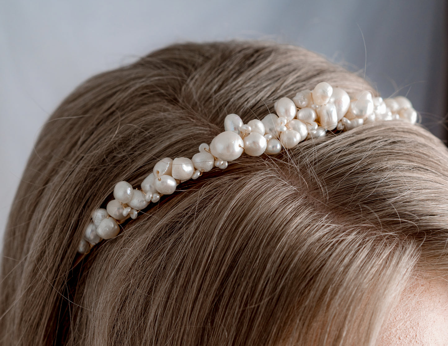 close up of freshwater pearl Cascade tiara