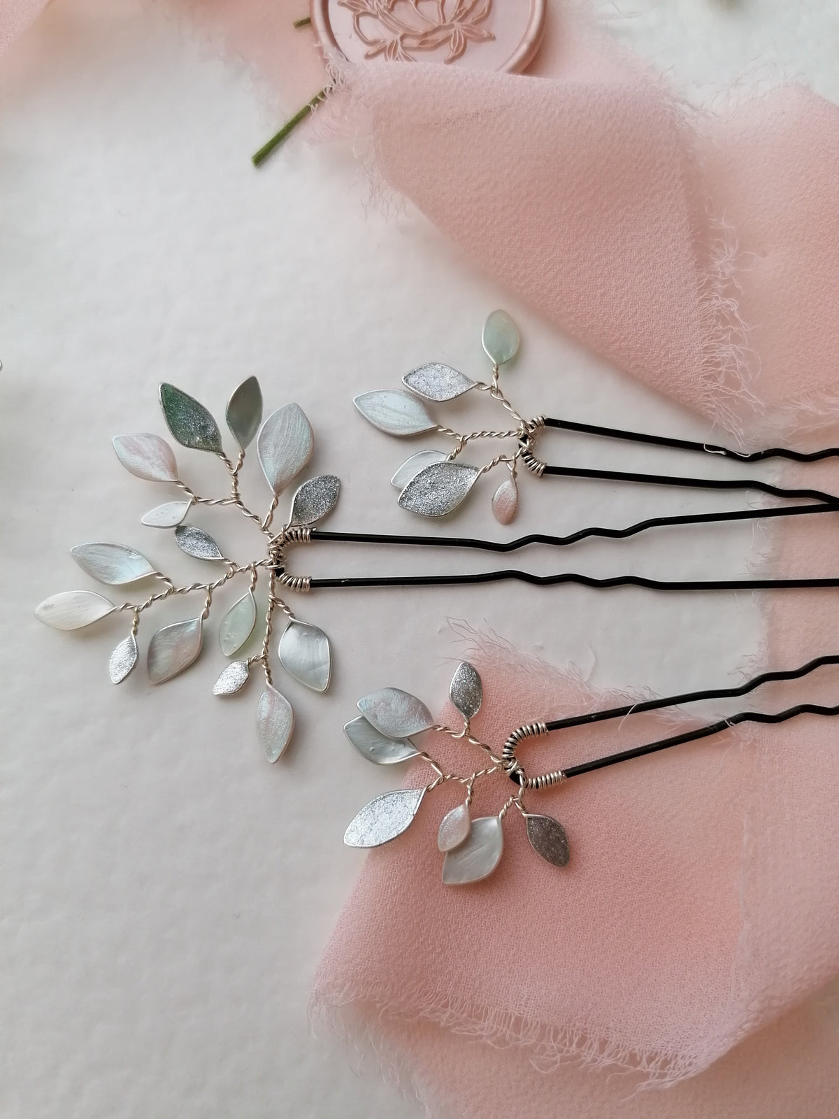 Enchanted Glass Hairpins Set of 7 in Silver & Blush