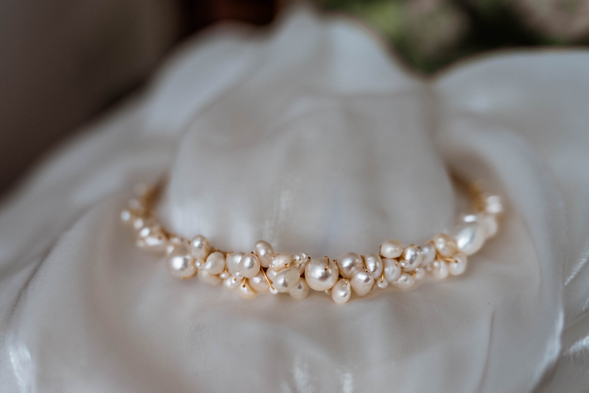 close up of freshwater pearl Cascade tiara