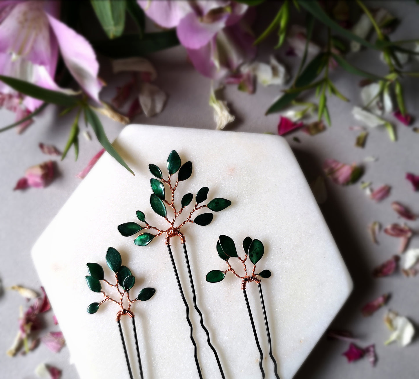 Enchanted Glass Hairpins Set of 3 in Rose Gold