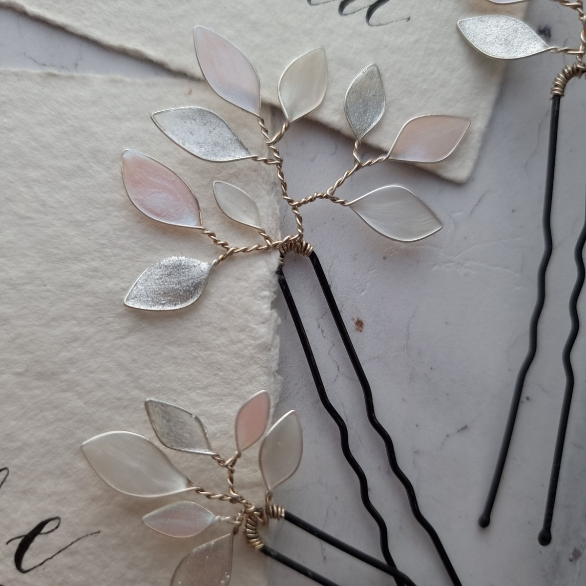 Enchanted Glass Hairpins Set of 7 in Silver & Blush