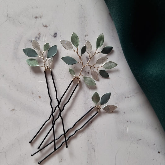 Enchanted Glass Hairpins Set of 3 in Silver & Forest Green